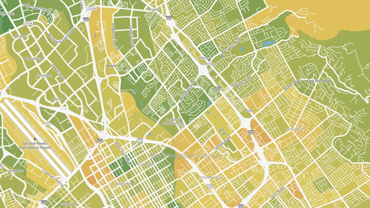 Map of the best neighborhoods in the North Valley, San Jose area, with better matches in green and worse matches in red
