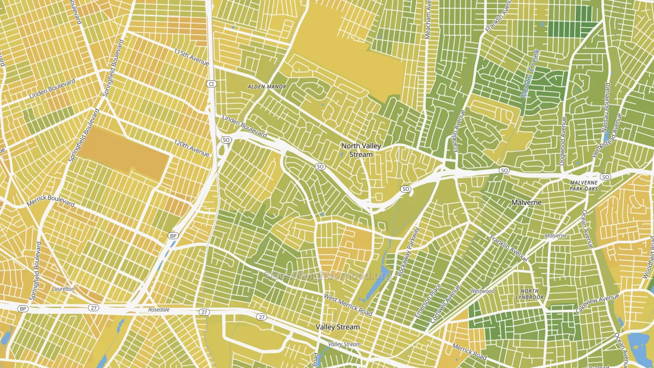 Map of the best neighborhoods in the North Valley Stream area, with better matches in green and worse matches in red