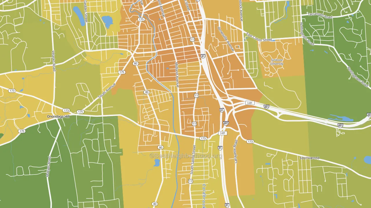 Map of the best neighborhoods in the North Valley, Syracuse area, with better matches in green and worse matches in red
