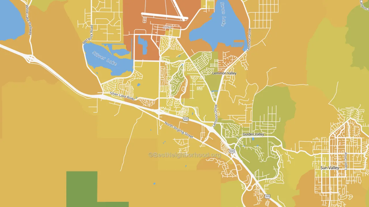 Map of the best neighborhoods in the North Valleys, Reno area, with better matches in green and worse matches in red