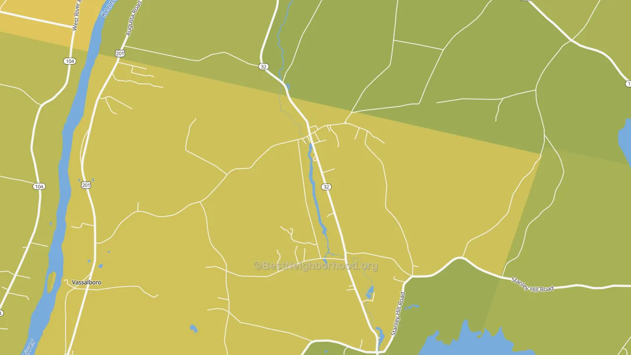 Map of the best neighborhoods in the North Vassalboro area, with better matches in green and worse matches in red