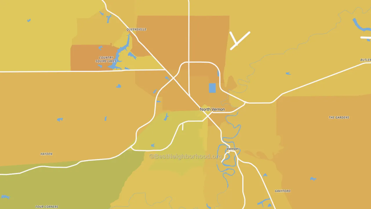 Map of the best neighborhoods in the North Vernon area, with better matches in green and worse matches in red