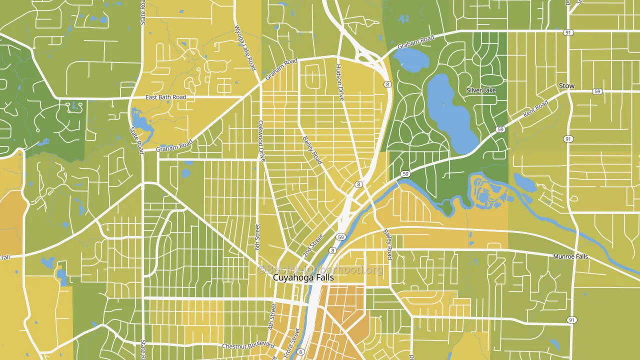 Map of the best neighborhoods in the North Village, Cuyahoga Falls area, with better matches in green and worse matches in red