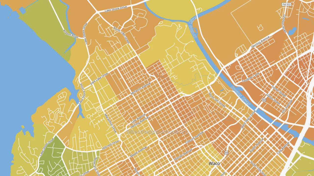 Map of the best neighborhoods in the North Waco, Waco area, with better matches in green and worse matches in red