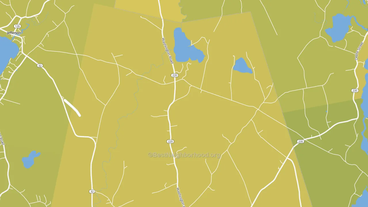 Map of the best neighborhoods in the North Waldoboro area, with better matches in green and worse matches in red
