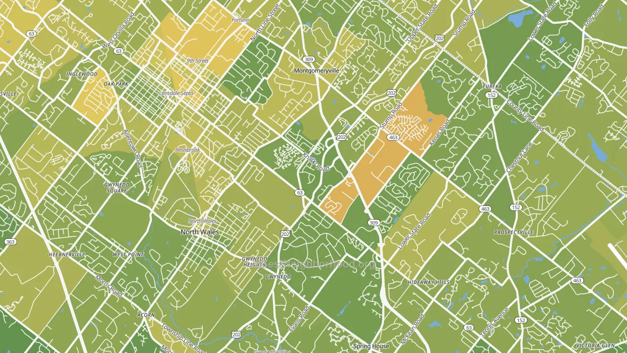Map of the best neighborhoods in the North Wales area, with better matches in green and worse matches in red