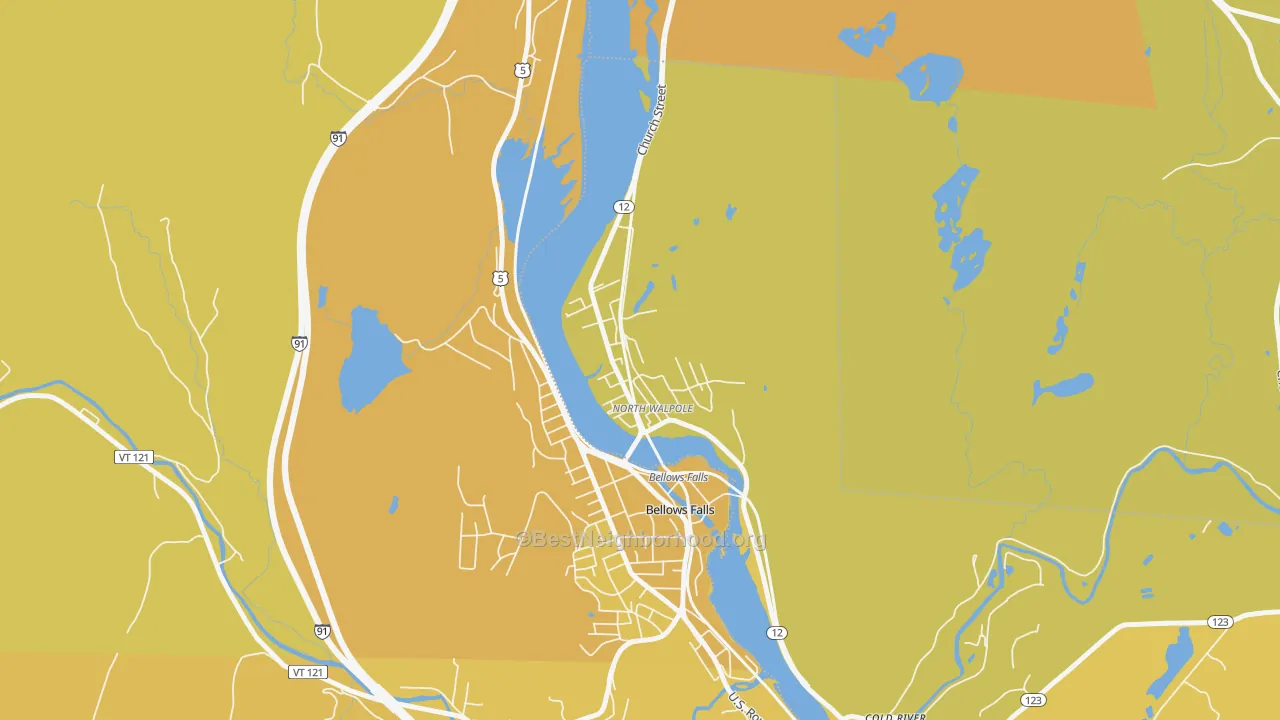 Map of the best neighborhoods in the North Walpole area, with better matches in green and worse matches in red