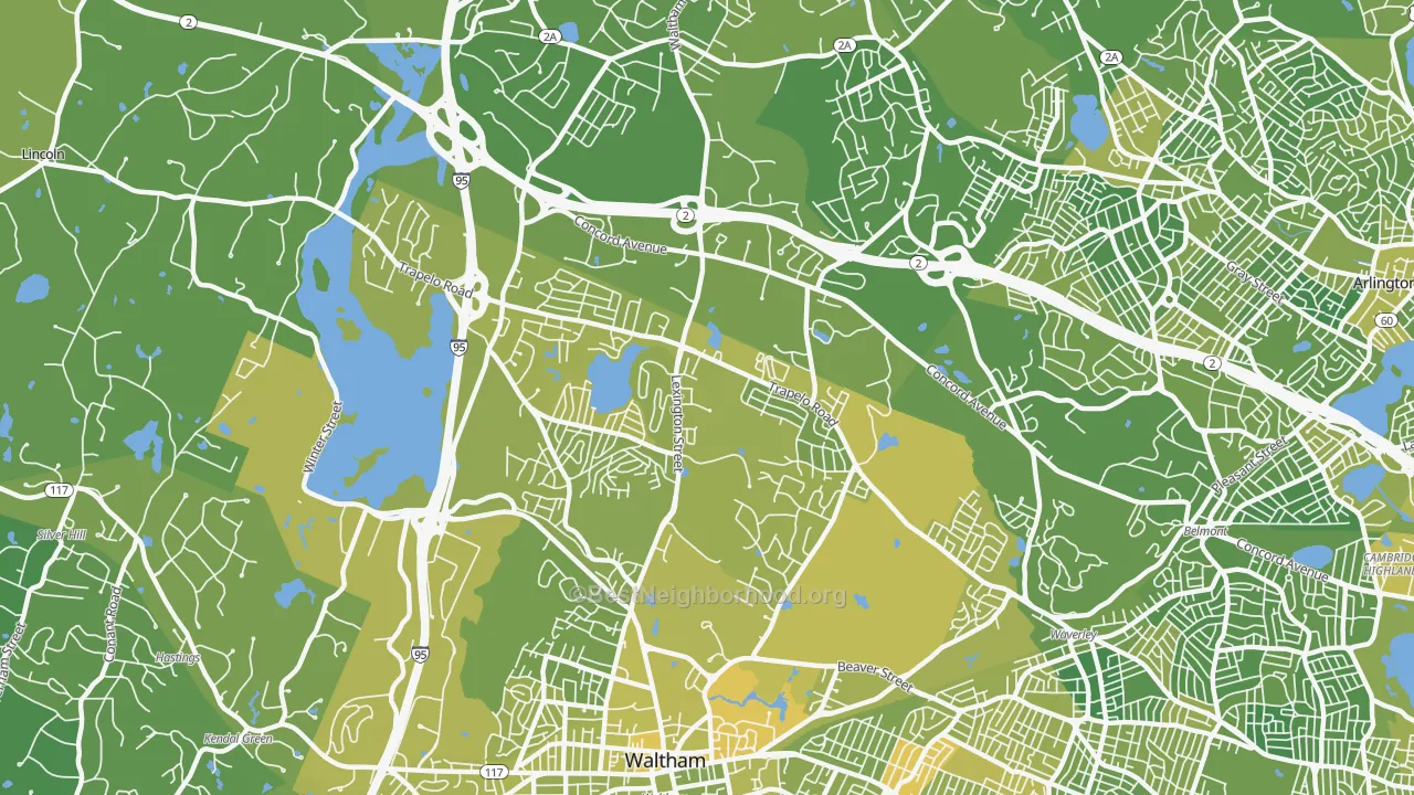 Map of the best neighborhoods in the North Waltham, Waltham area, with better matches in green and worse matches in red