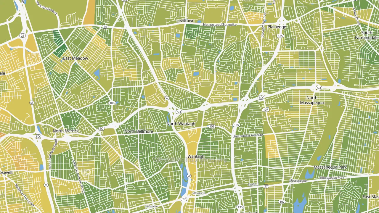 Map of the best neighborhoods in the North Wantagh area, with better matches in green and worse matches in red