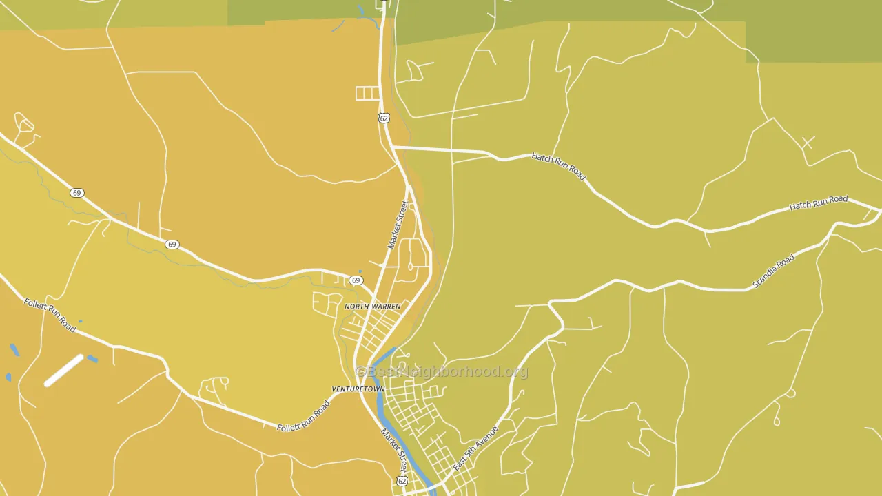 Map of the best neighborhoods in the North Warren area, with better matches in green and worse matches in red