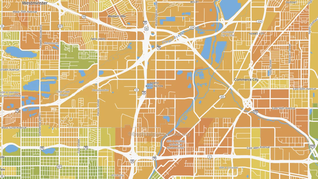 Map of the best neighborhoods in the North Washington area, with better matches in green and worse matches in red