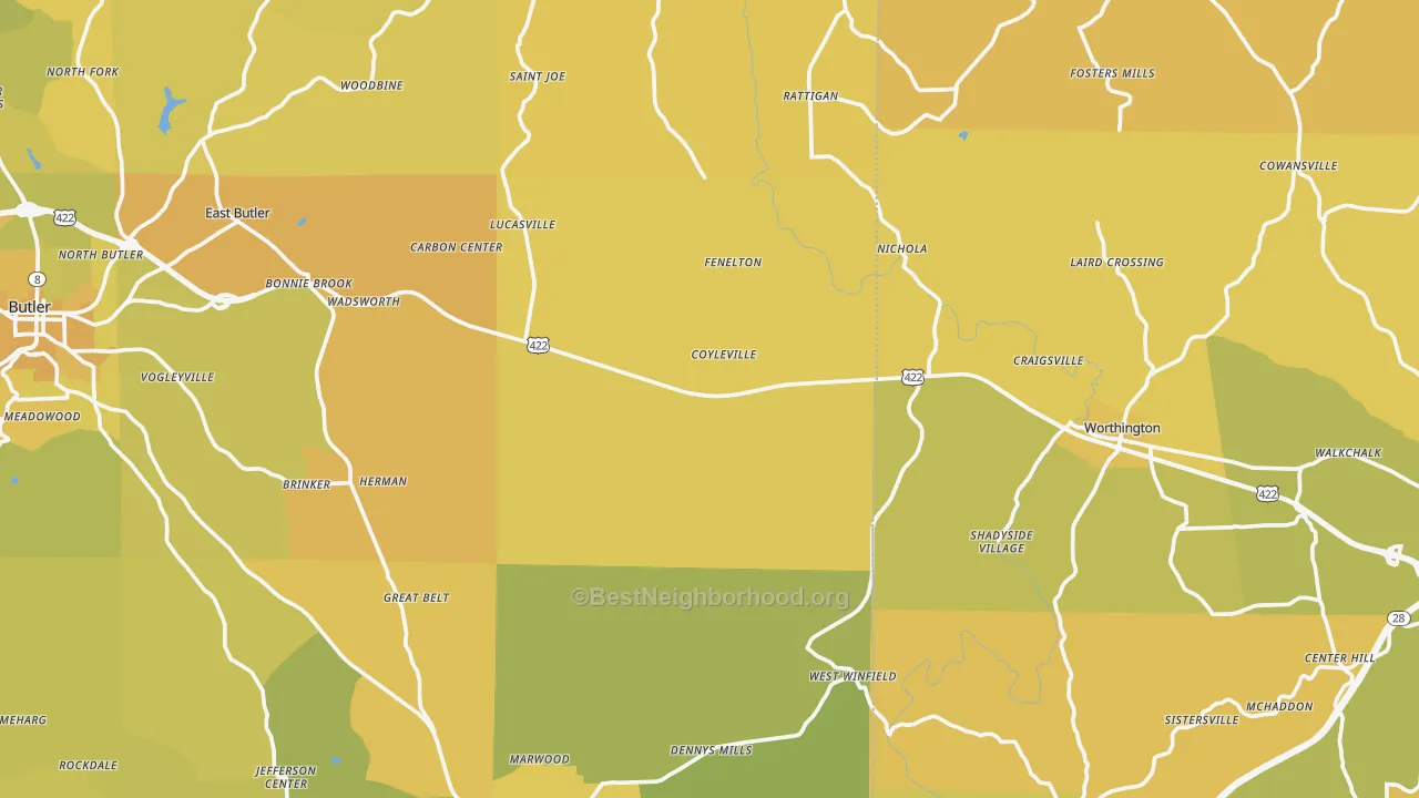Map of the best neighborhoods in the North Washington area, with better matches in green and worse matches in red