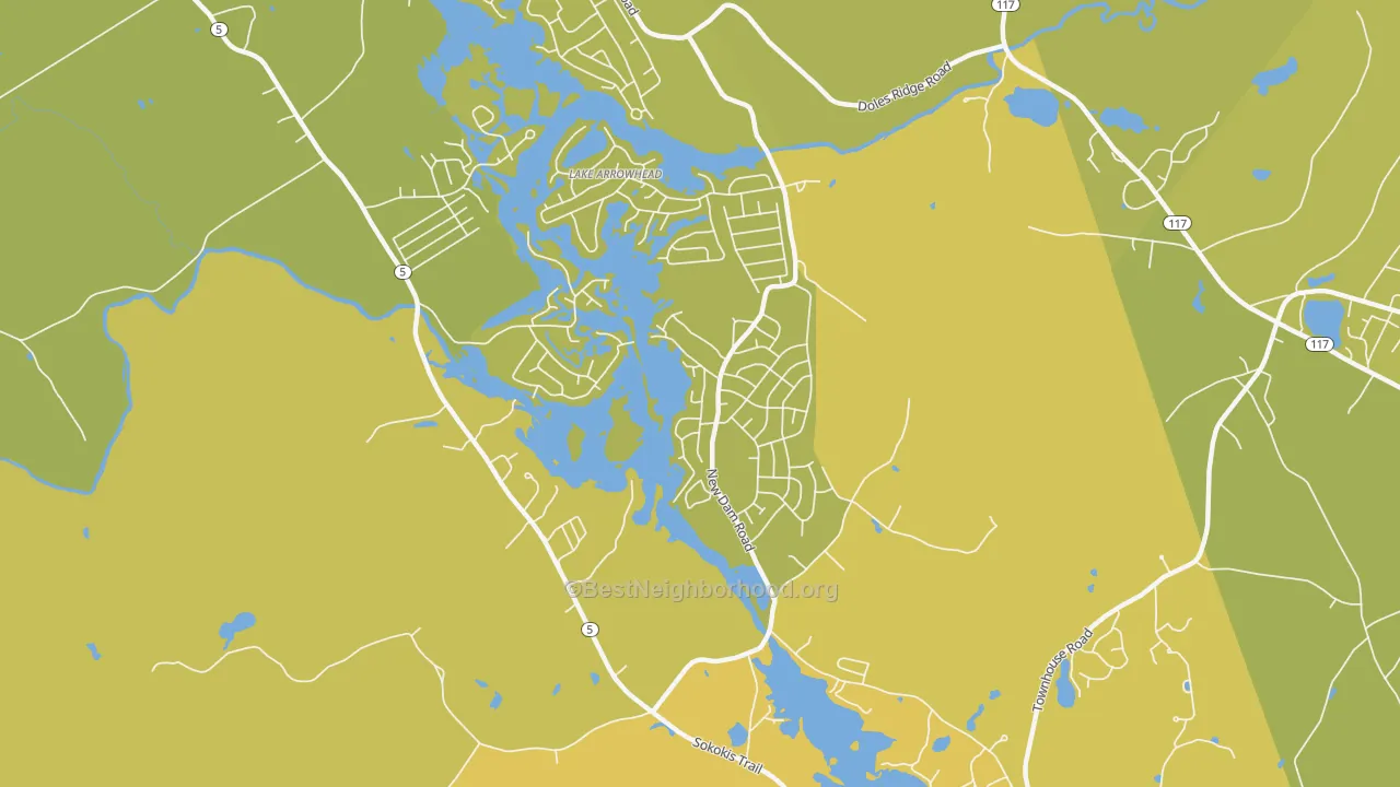 Map of the best neighborhoods in the North Waterboro area, with better matches in green and worse matches in red