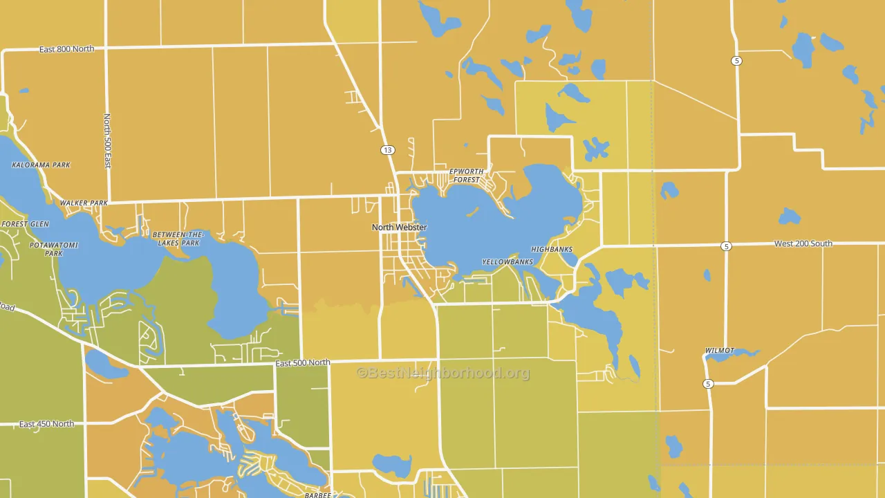 Map of the best neighborhoods in the North Webster area, with better matches in green and worse matches in red