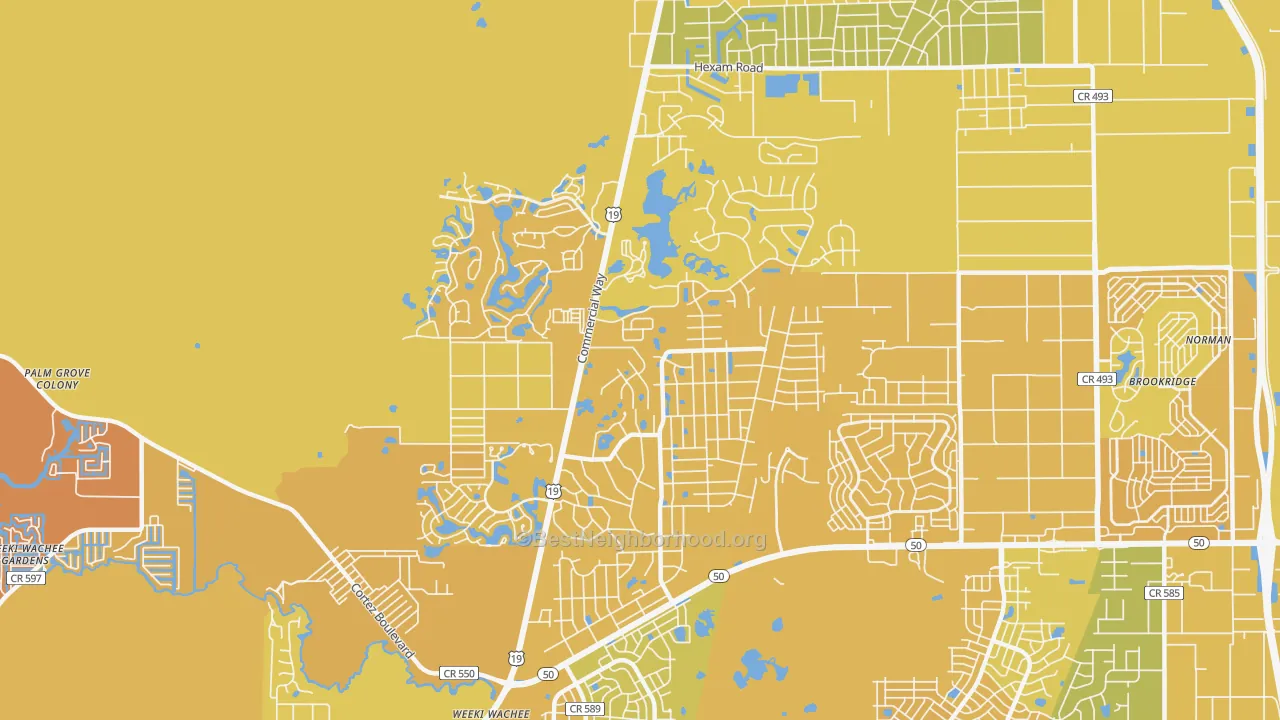 Map of the best neighborhoods in the North Weeki Wachee area, with better matches in green and worse matches in red