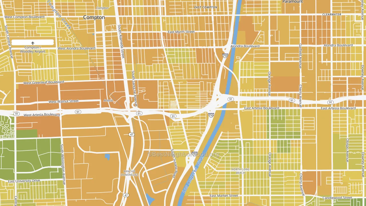 Map of the best neighborhoods in the North West Long Beach, Long Beach area, with better matches in green and worse matches in red