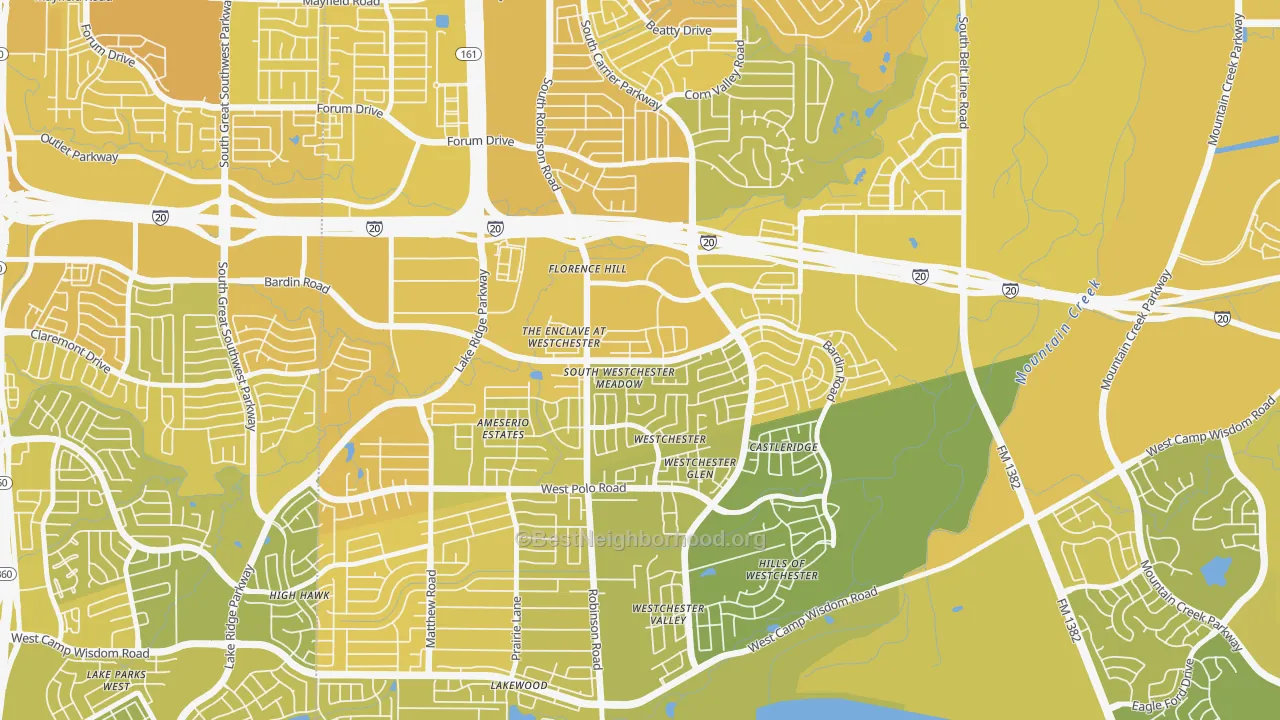 Map of the best neighborhoods in the North Westchester Meadows, Grand Prairie area, with better matches in green and worse matches in red