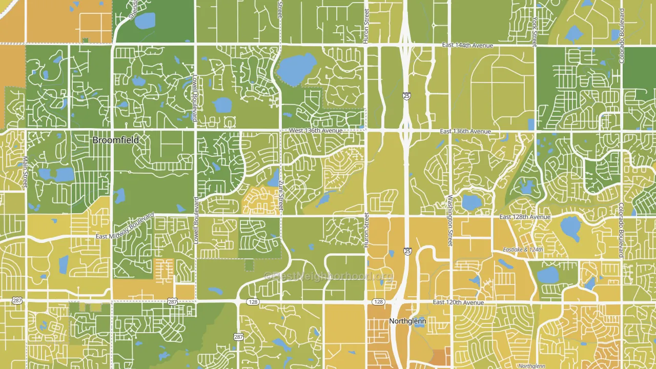 Map of the best neighborhoods in the North Westminster, Westminster area, with better matches in green and worse matches in red