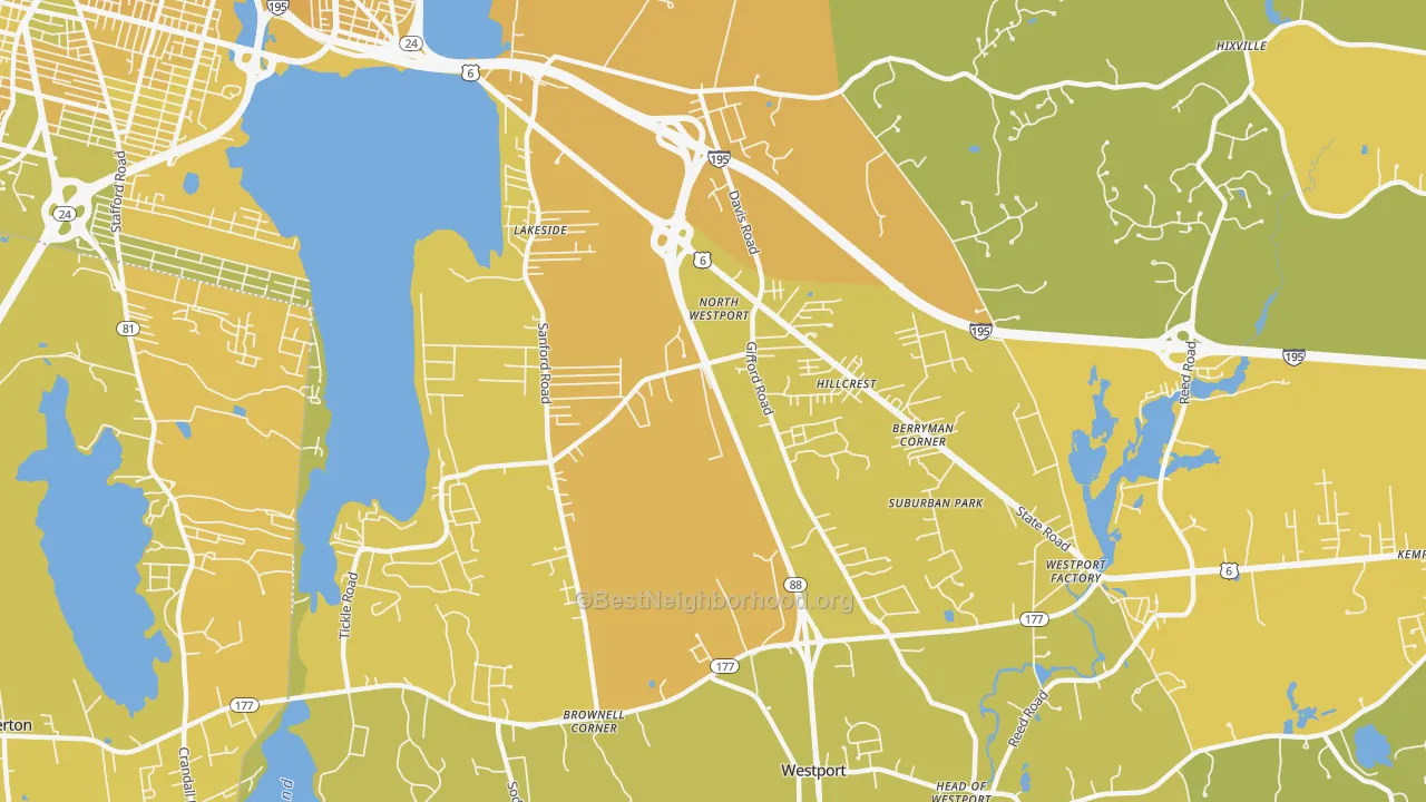 Map of the best neighborhoods in the North Westport area, with better matches in green and worse matches in red