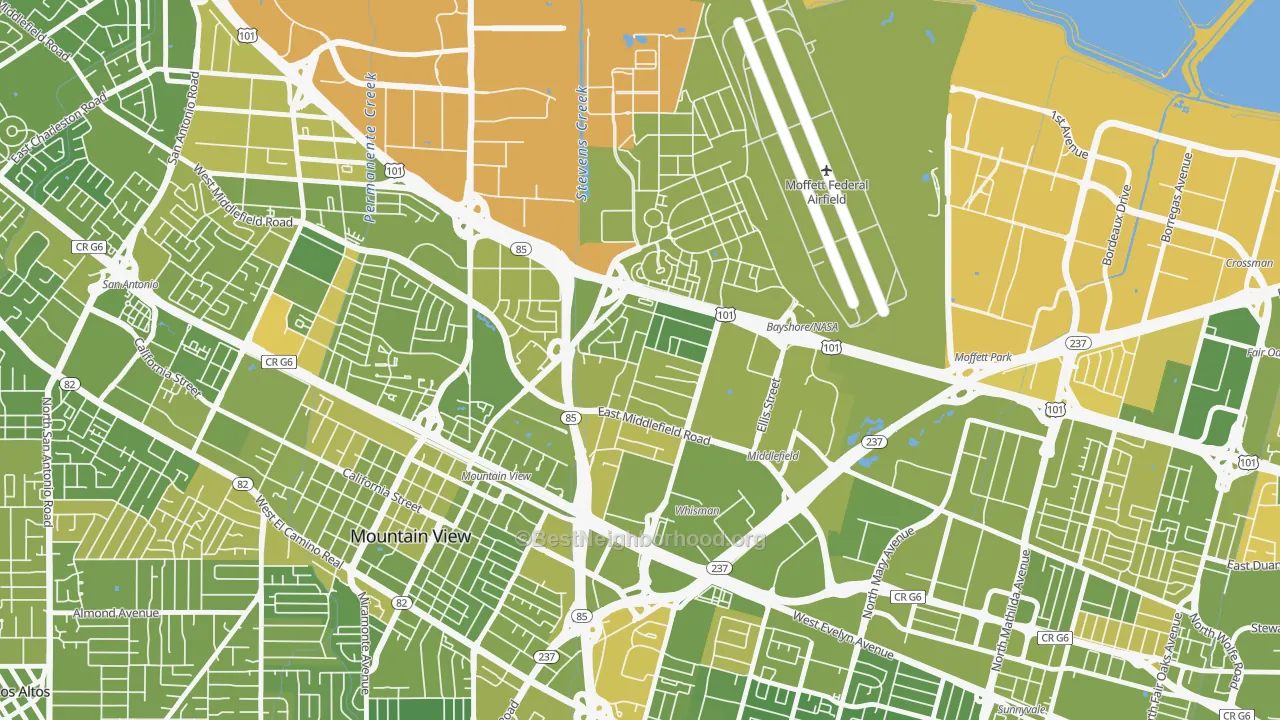Map of the best neighborhoods in the North Whisman, Mountain View area, with better matches in green and worse matches in red