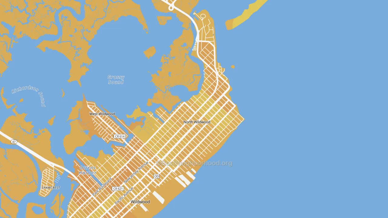 Map of the best neighborhoods in the North Wildwood area, with better matches in green and worse matches in red