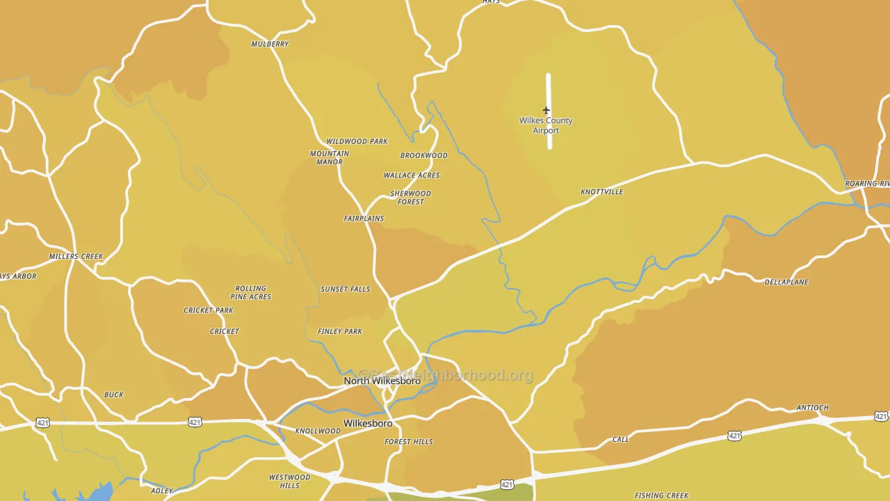 Map of the best neighborhoods in the North Wilkesboro area, with better matches in green and worse matches in red