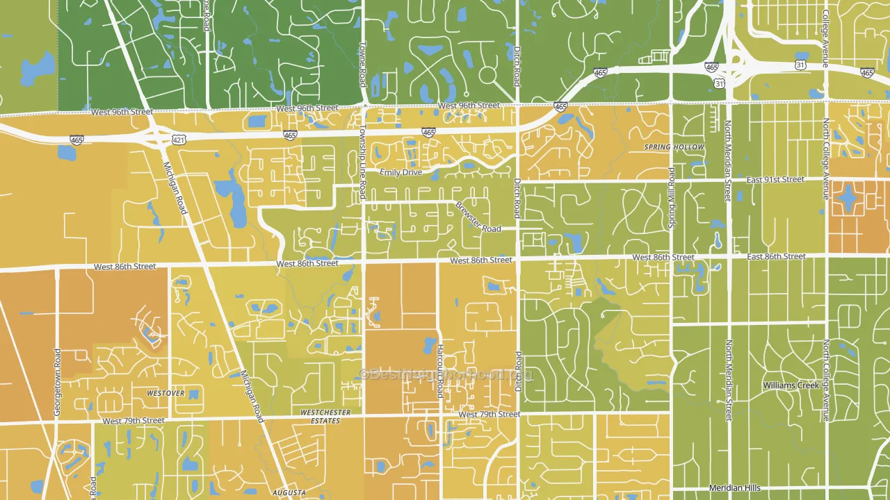 Map of the best neighborhoods in the North Willow Farms, Indianapolis area, with better matches in green and worse matches in red