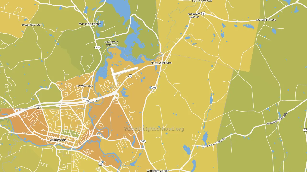 Map of the best neighborhoods in the North Windham area, with better matches in green and worse matches in red