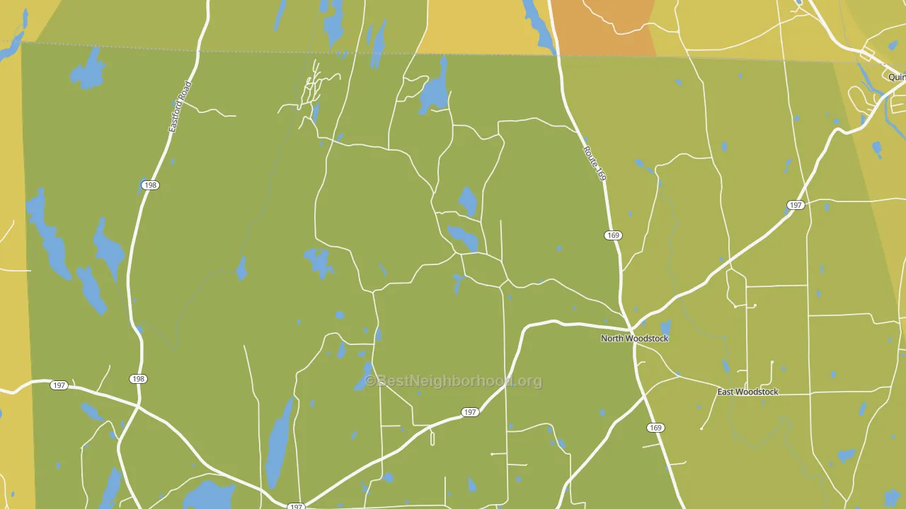Map of the best neighborhoods in the North Woodstock area, with better matches in green and worse matches in red