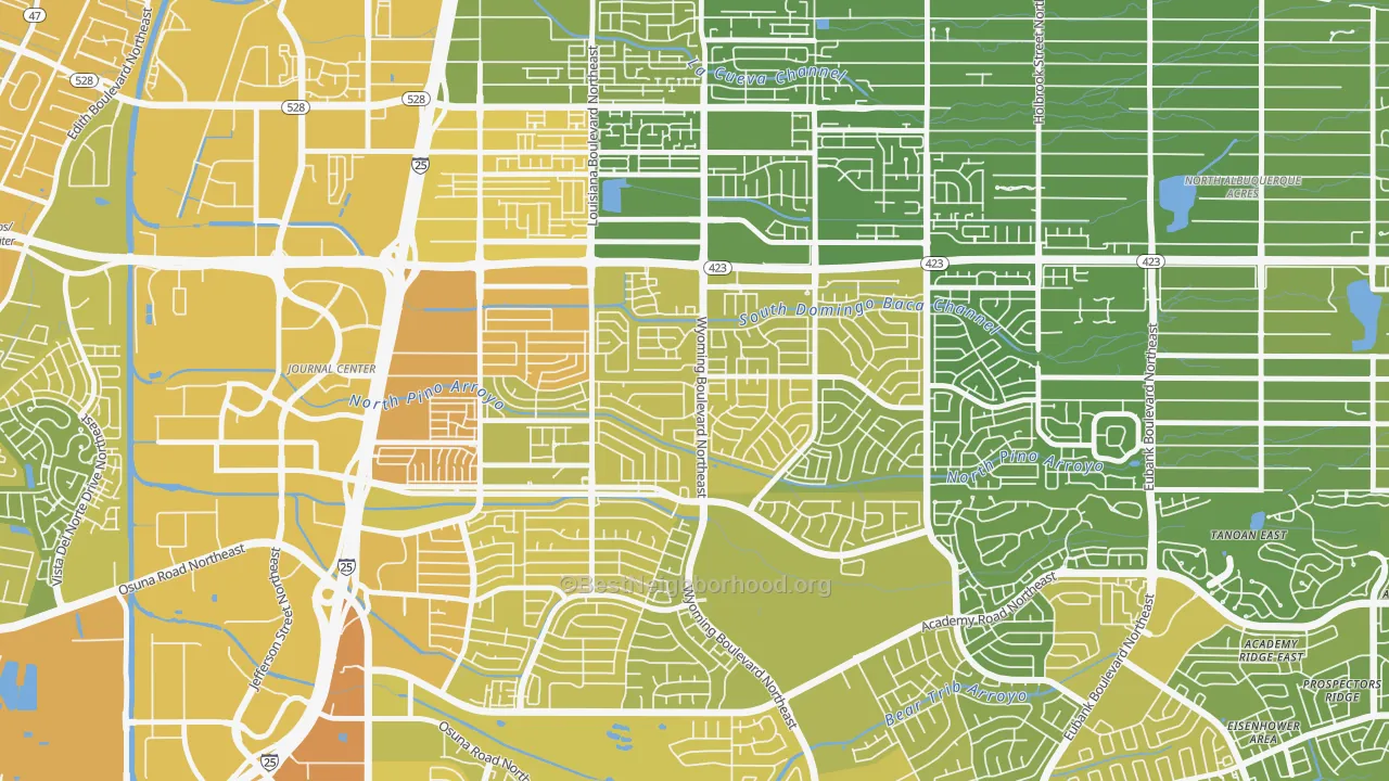 Map of the best neighborhoods in the North Wyoming, Albuquerque area, with better matches in green and worse matches in red