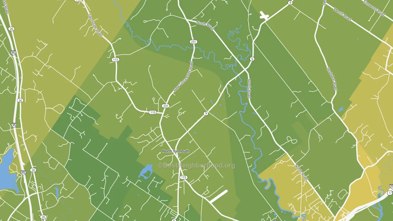 Map of the best neighborhoods in the North Yarmouth area, with better matches in green and worse matches in red