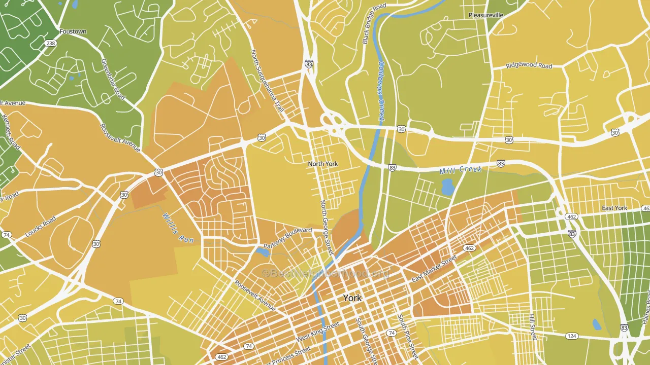 Map of the best neighborhoods in the North York area, with better matches in green and worse matches in red