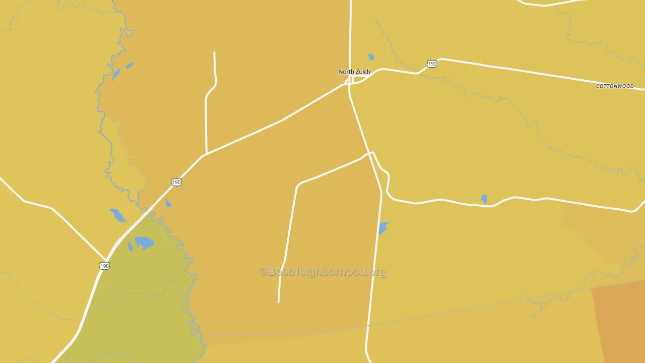 Map of the best neighborhoods in the North Zulch area, with better matches in green and worse matches in red