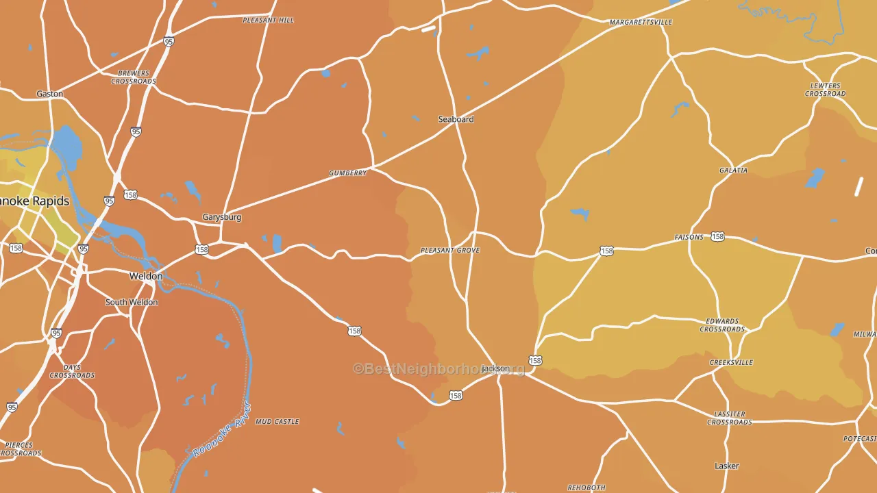 Map of the best neighborhoods in the Northampton County area, with better matches in green and worse matches in red