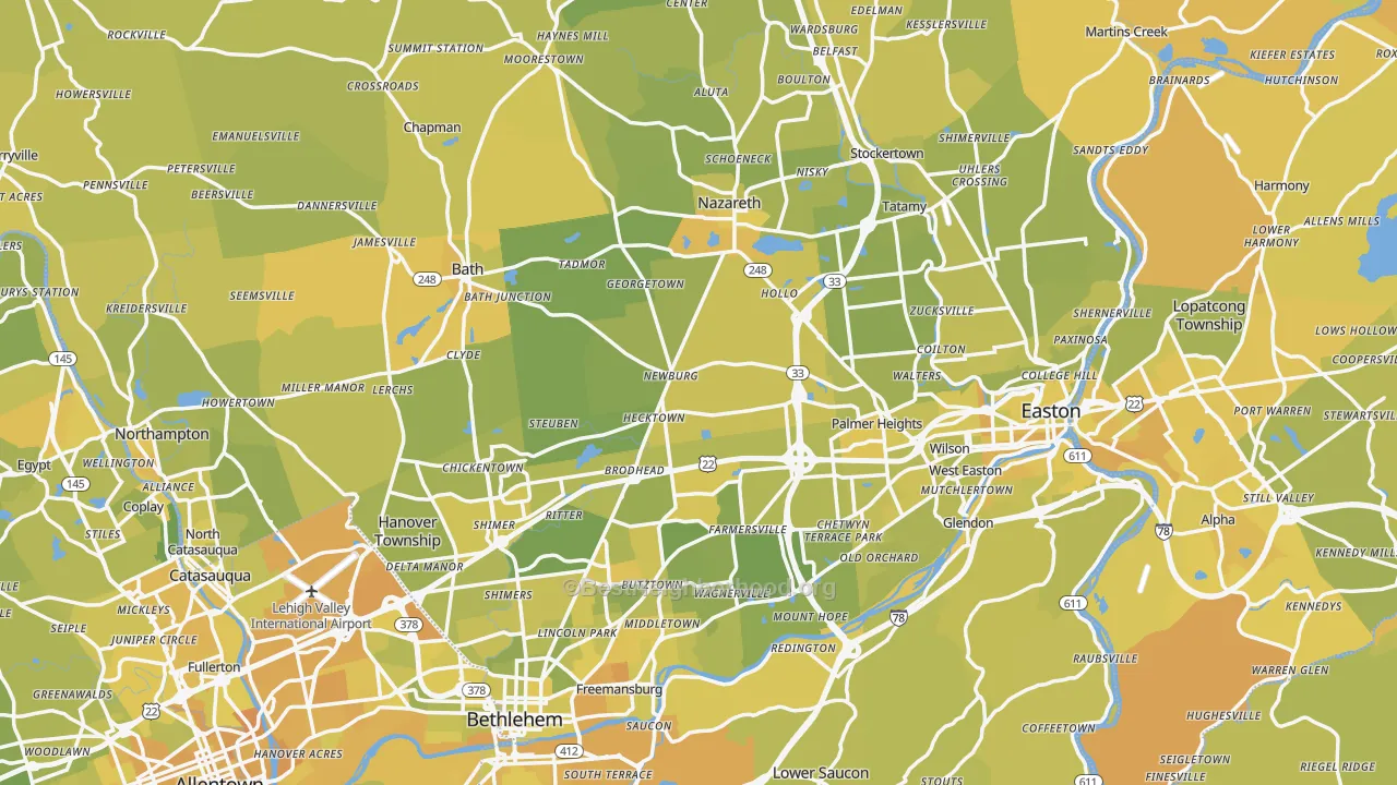 Map of the best neighborhoods in the Northampton County area, with better matches in green and worse matches in red