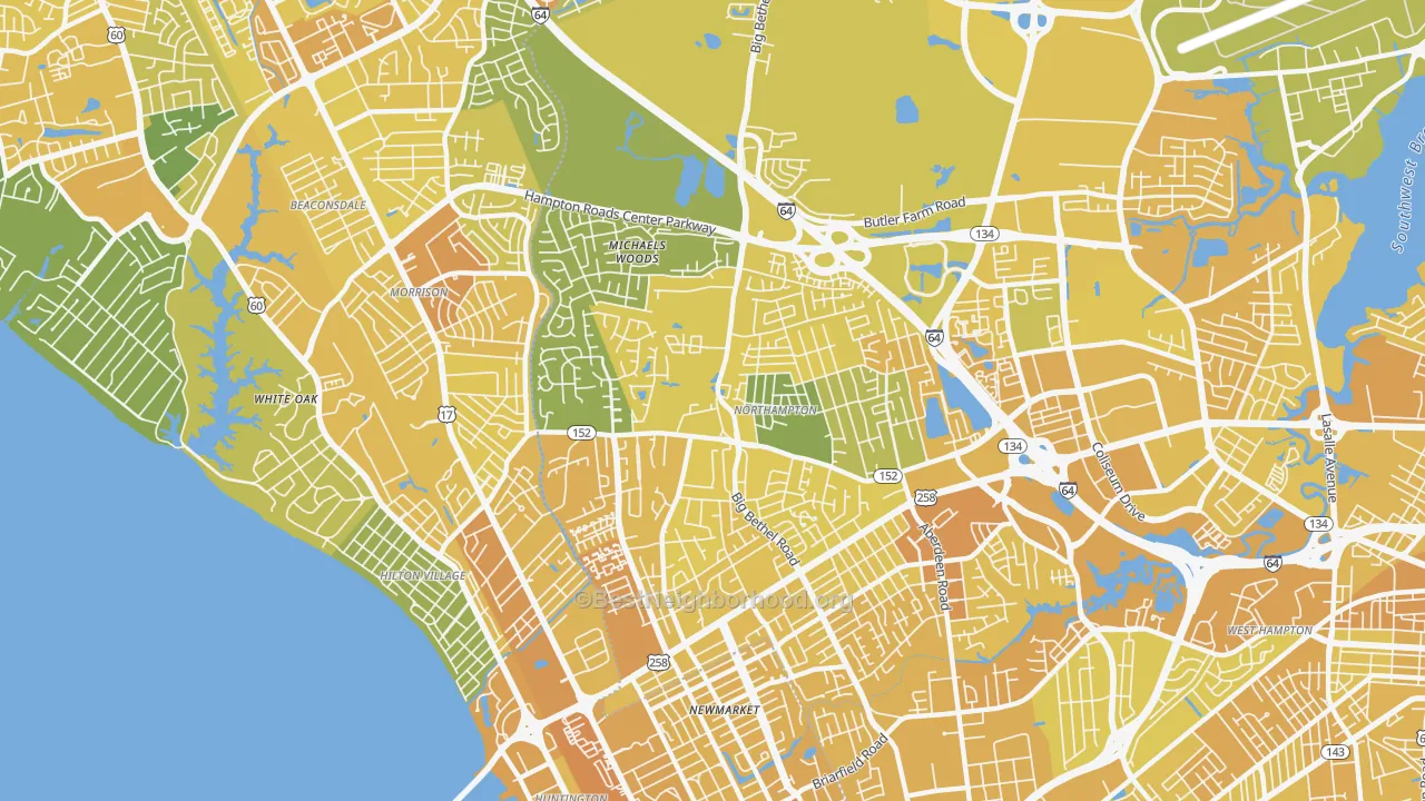 Map of the best neighborhoods in the Northampton, Hampton area, with better matches in green and worse matches in red