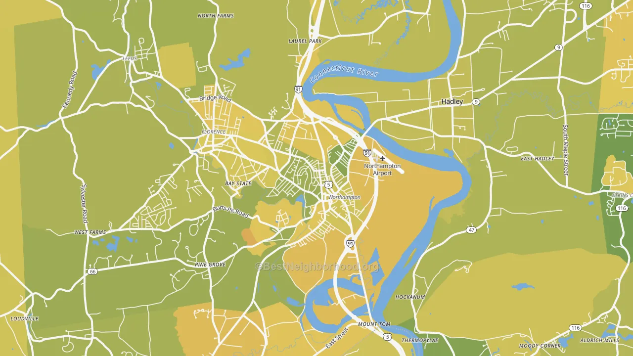 Map of the best neighborhoods in the Northampton area, with better matches in green and worse matches in red