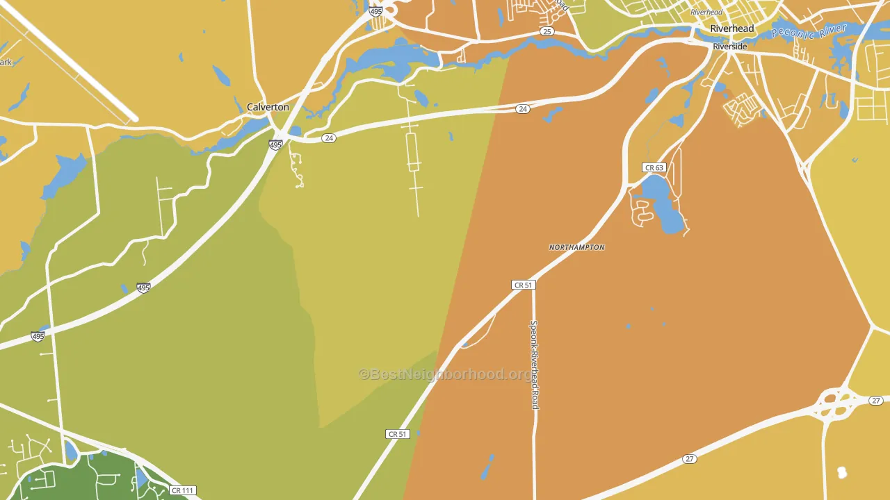 Map of the best neighborhoods in the Northampton area, with better matches in green and worse matches in red