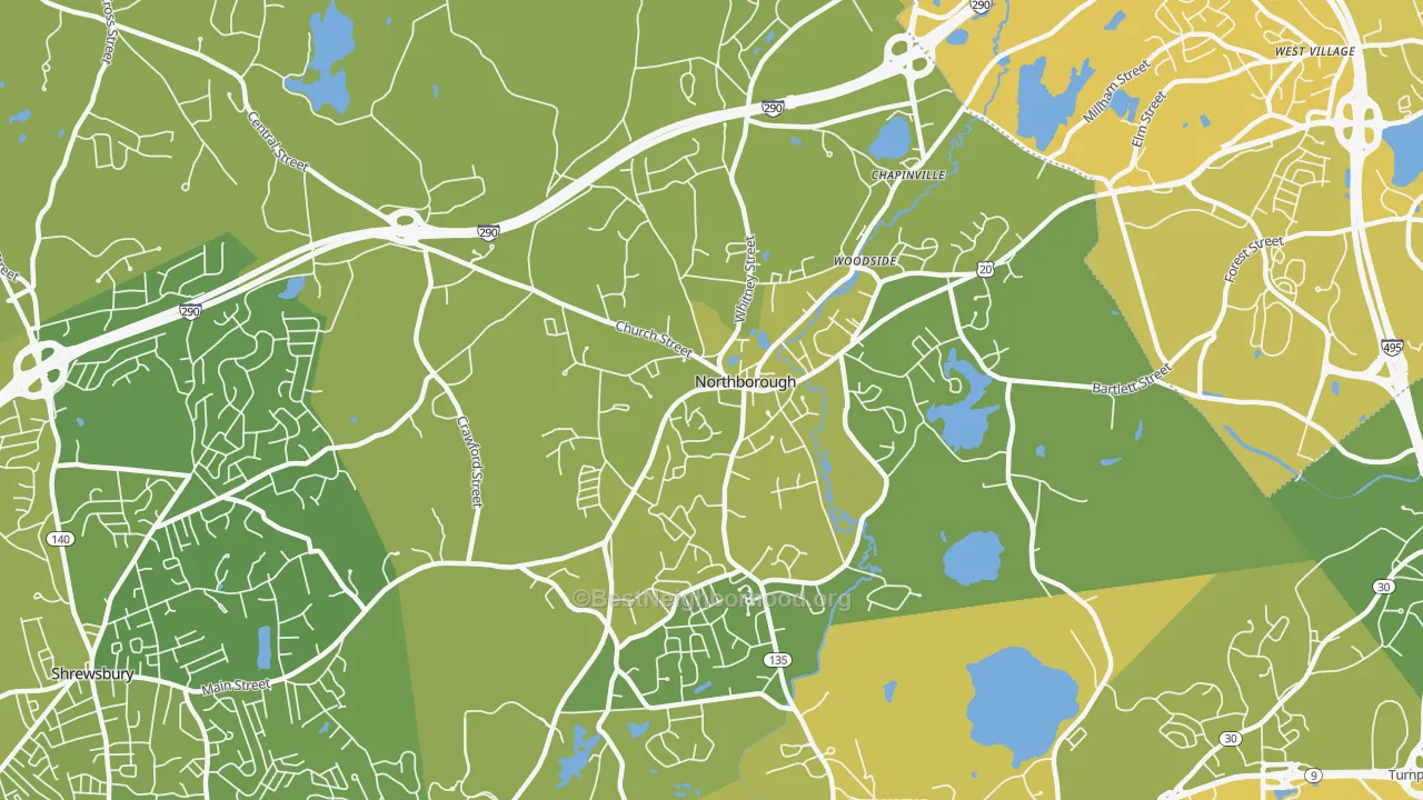 Map of the best neighborhoods in the Northborough area, with better matches in green and worse matches in red