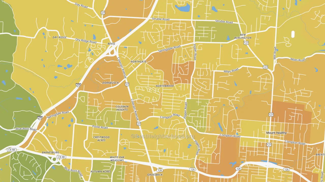 Map of the best neighborhoods in the Northbrook, Cincinnati area, with better matches in green and worse matches in red