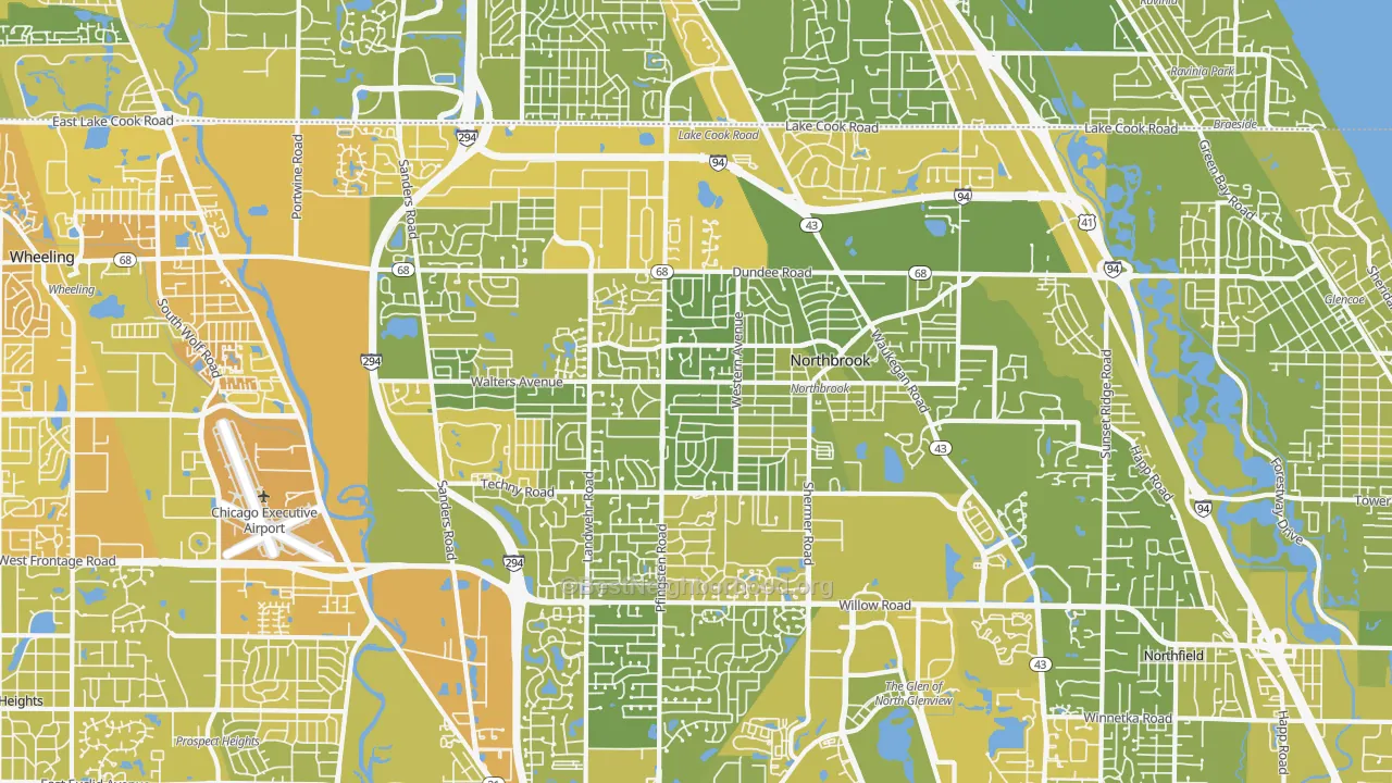 Map of the best neighborhoods in the Northbrook area, with better matches in green and worse matches in red
