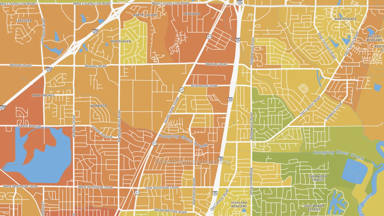 Map of the best neighborhoods in the Northbrook, Jackson area, with better matches in green and worse matches in red
