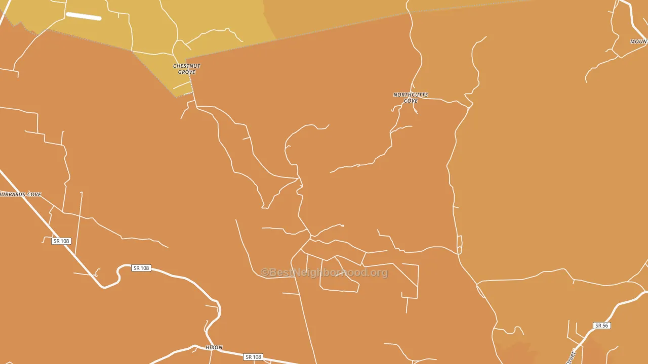 Map of the best neighborhoods in the Northcutts Cove area, with better matches in green and worse matches in red