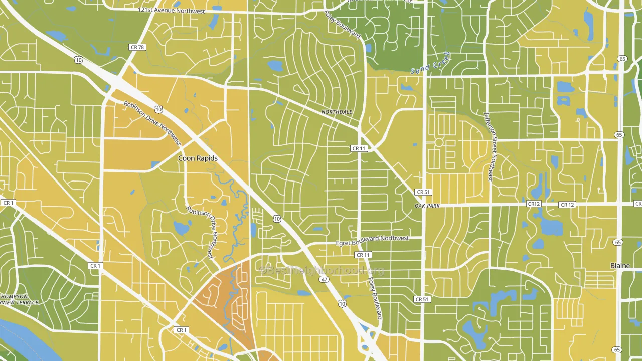 Map of the best neighborhoods in the Northdale, Coon Rapids area, with better matches in green and worse matches in red