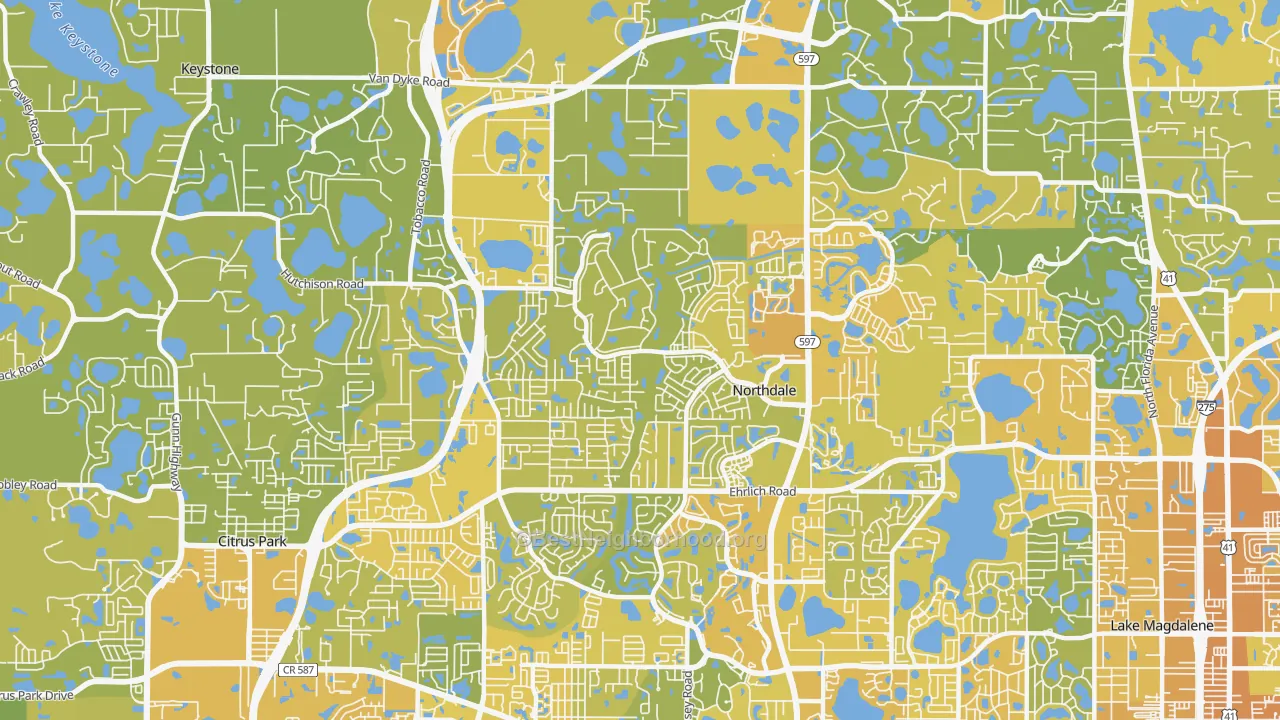 Map of the best neighborhoods in the Northdale area, with better matches in green and worse matches in red