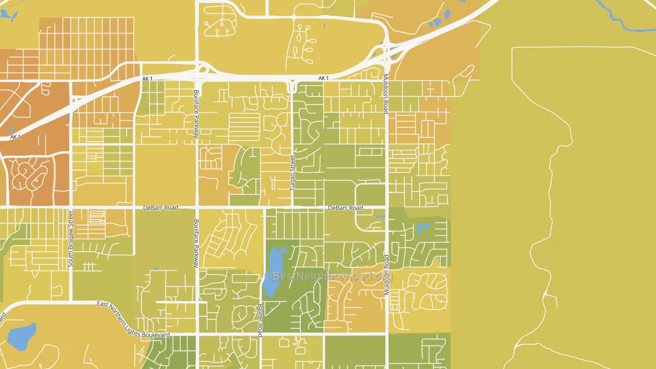 Map of the best neighborhoods in the Northeast, Anchorage area, with better matches in green and worse matches in red