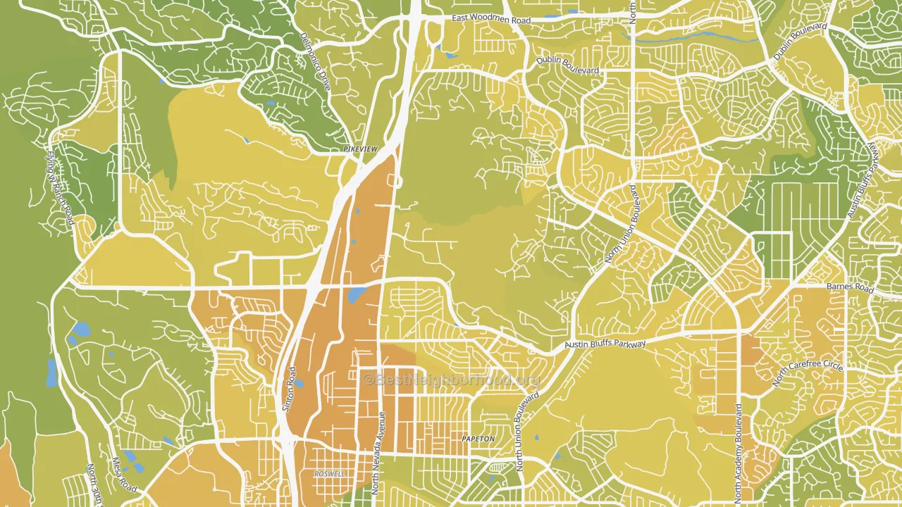 Map of the best neighborhoods in the Northeast Colorado Springs, Colorado Springs area, with better matches in green and worse matches in red