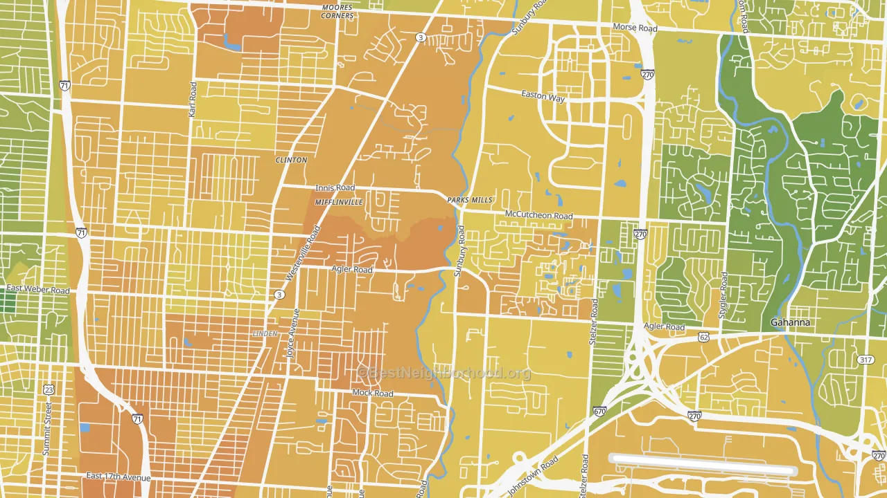 Map of the best neighborhoods in the Northeast, Columbus area, with better matches in green and worse matches in red