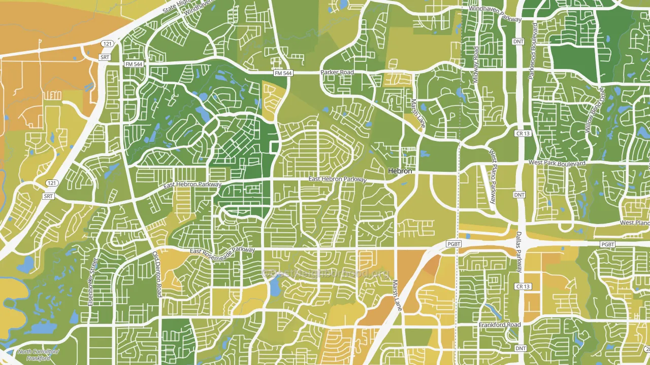 Map of the best neighborhoods in the Northeast Dallas, Carrollton area, with better matches in green and worse matches in red
