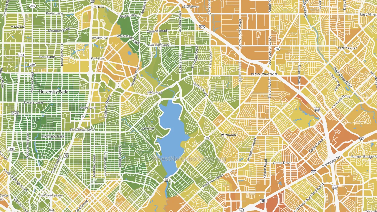 Map of the best neighborhoods in the Northeast Dallas-White Rock, Dallas area, with better matches in green and worse matches in red